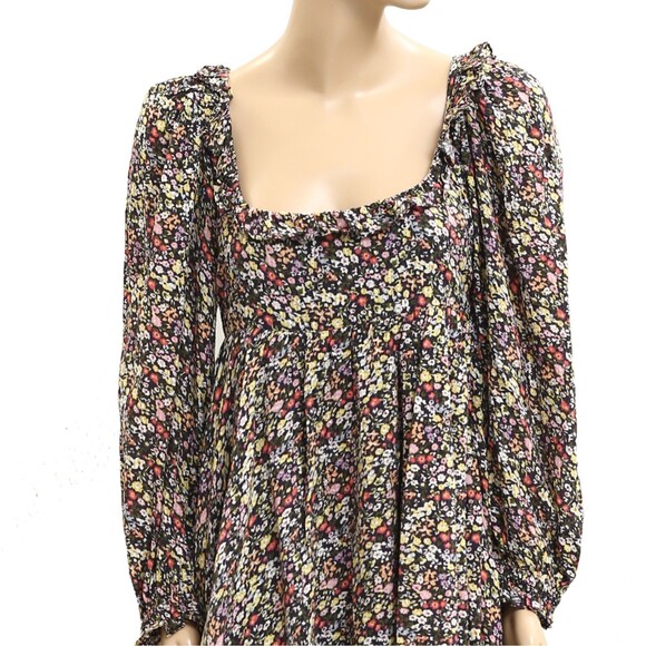 Saylor Anthropologie Black Floral Printed Mini Dress Ruffle Puff Sleeve S 282418 - Picture 2 of 5